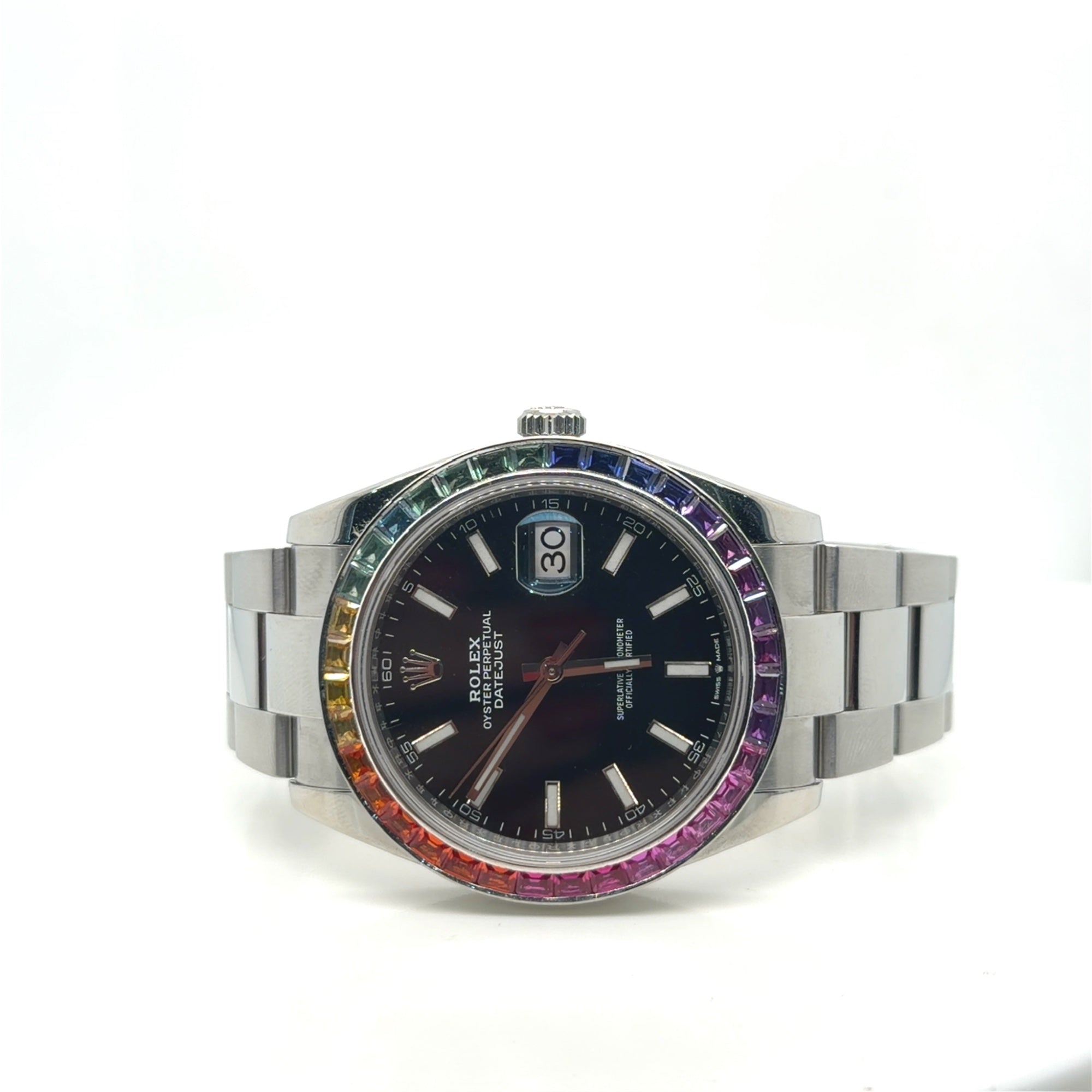 Rolex Datejust 41 Stainless Steel Black Dial Rainbow Bezel Ref 126300 (view 4)