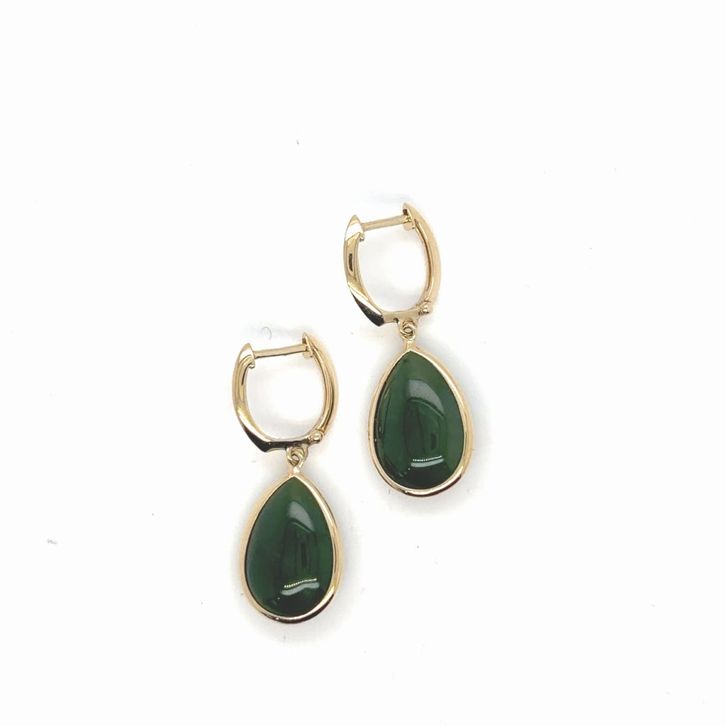 14K Yellow Gold Jade Pear Cabochon Drop Hoop Earrings, 4.05g (view 3)