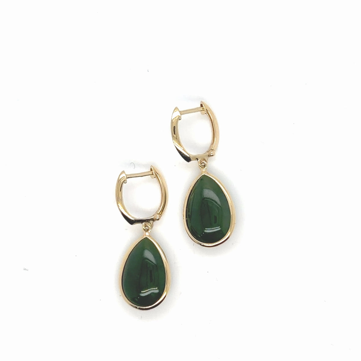 14K Yellow Gold Jade Pear Cabochon Drop Hoop Earrings, 4.05g (view 3)