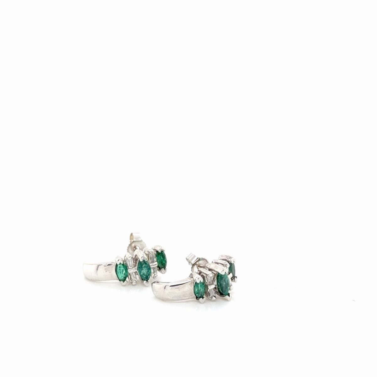 14K White Gold Marquise Emerald Diamond Hoop Earrings 0.54 ctw (view 2)