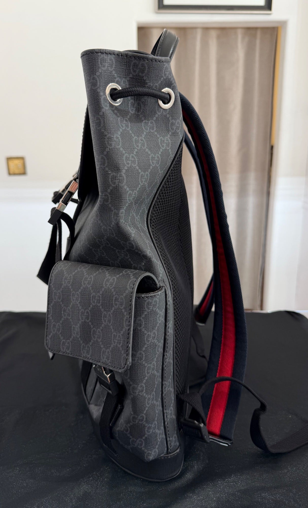 Gucci GG Supreme Large Backpack Black Canvas Silver Hardware Web Straps