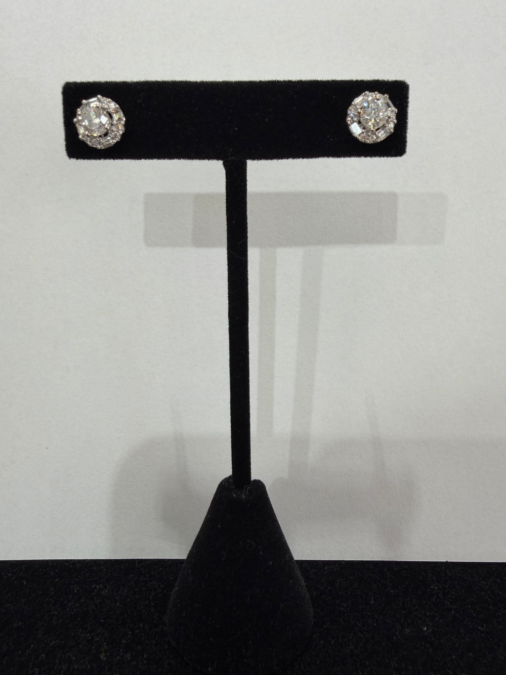 Diamond Halo Stud Earrings 18K White Gold 1.51 ctw Round Baguette (view 3)