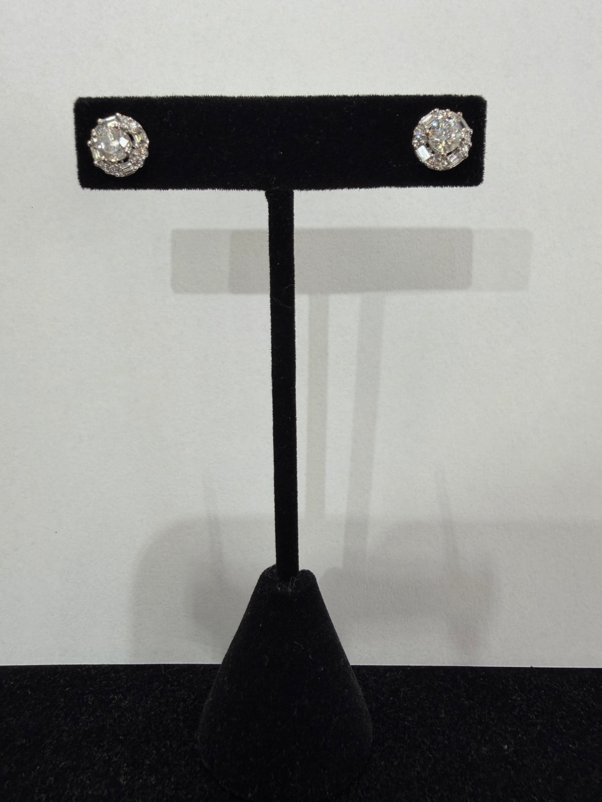 Diamond Halo Stud Earrings 18K White Gold 1.51 ctw Round Baguette (view 3)