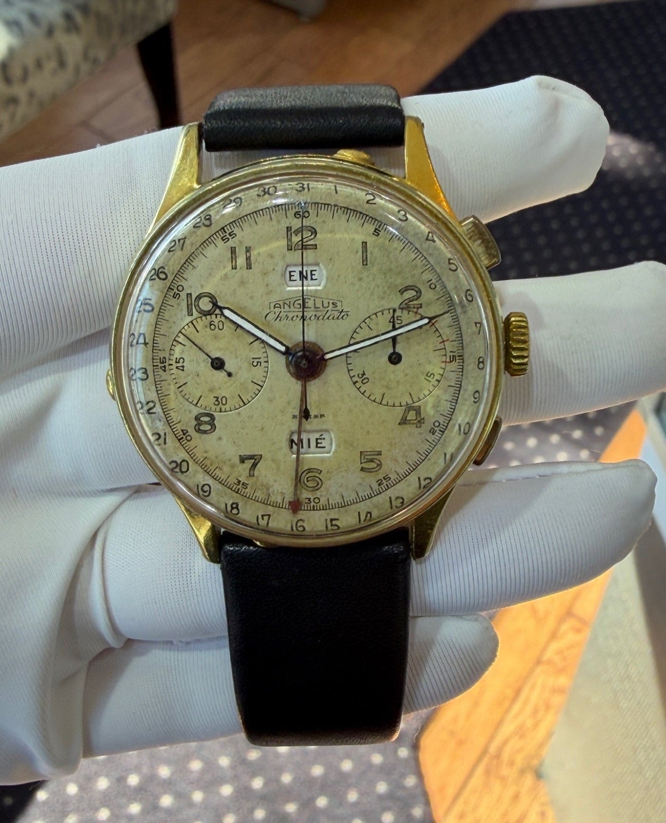 Angelus Chronodato Vintage Chronograph Gold Plated Watch 38mm