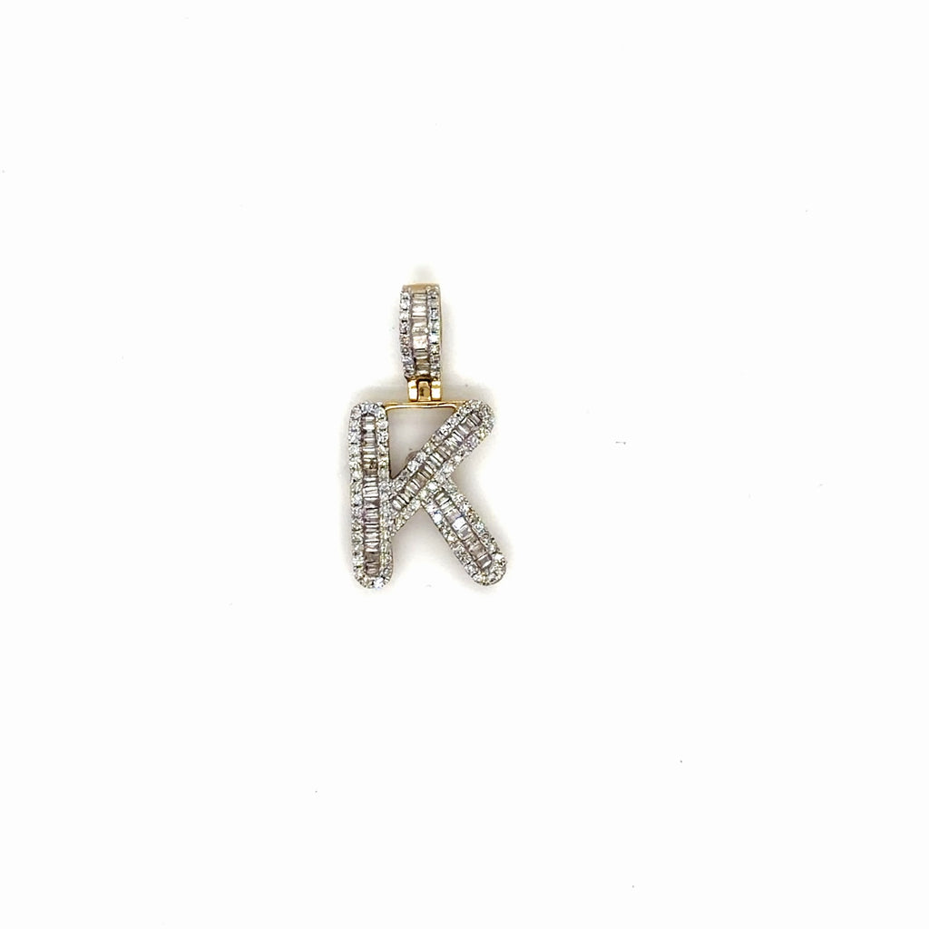 10K Yellow Gold Diamond "K" Initial Letter Pendant 0.72 Ctw Baguette