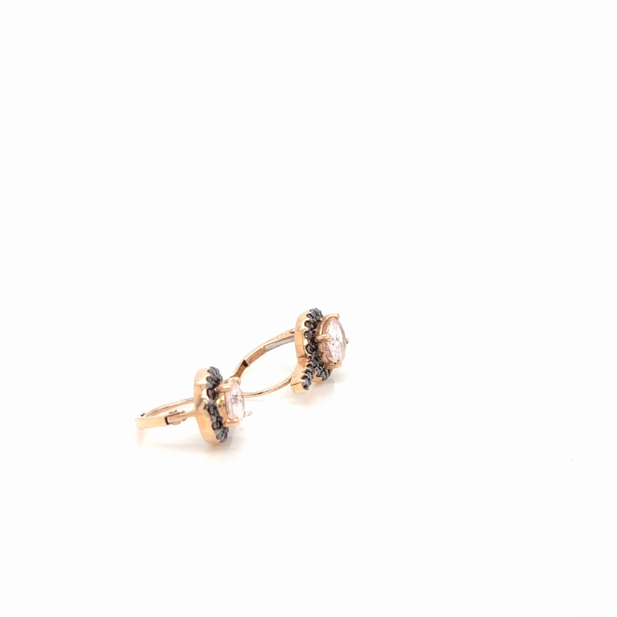 14K Rose Gold Oval Morganite Black Diamond Halo Leverback Earrings