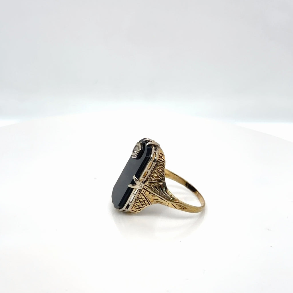 Vintage Art Deco 14K Yellow Gold Black Onyx Diamond Ring Size 7.75 (view 2)