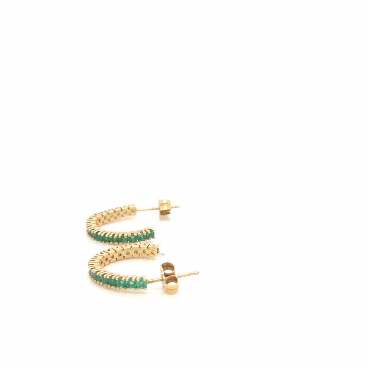 14K Yellow Gold Natural Emerald Hoop Earrings 0.95 Ctw Round Stones (view 2)