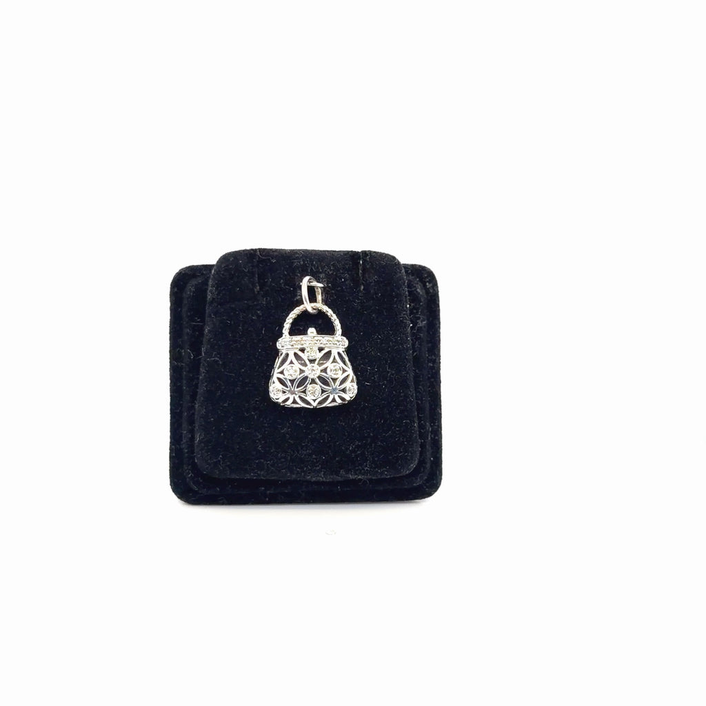 10K White Gold Onyx Diamond Filigree Handbag Charm Pendant, 3.07g