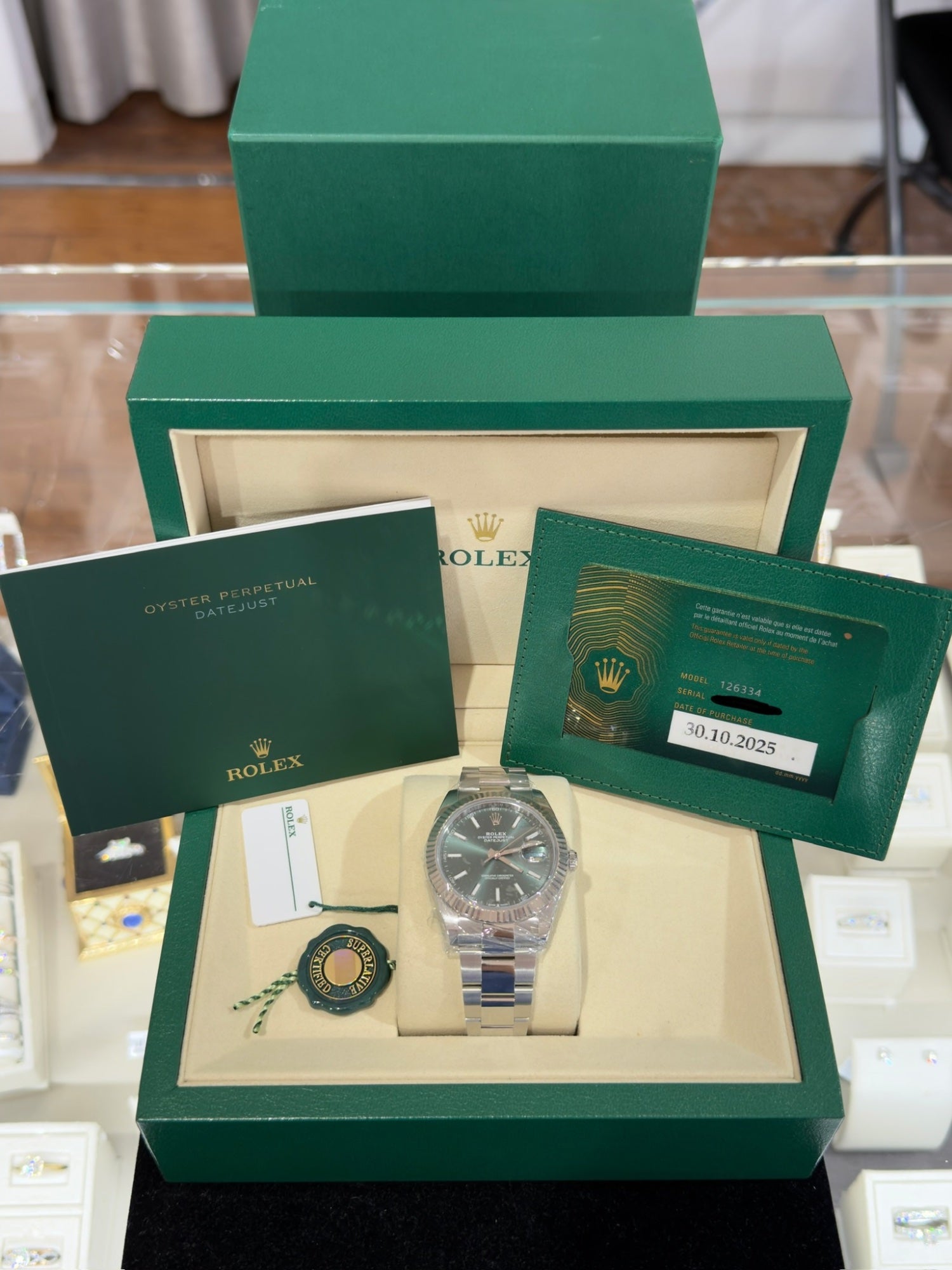 Rolex Datejust 41 Stainless Steel Green Dial Oyster Watch, Box & Papers