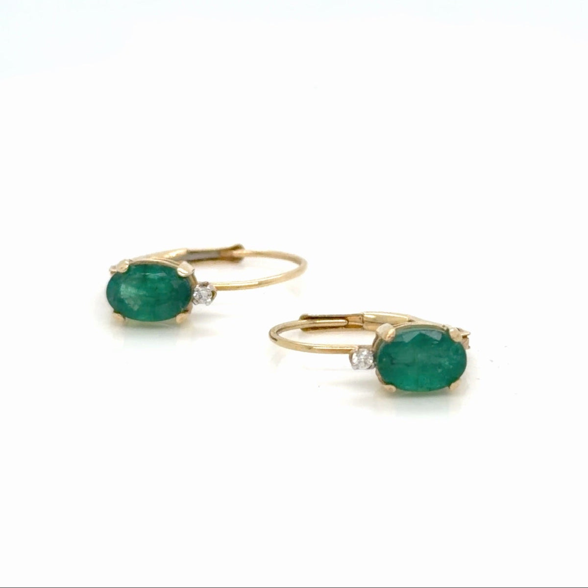 14K Yellow Gold Oval Emerald Diamond Leverback Earrings 1.10 Ctw (view 4)