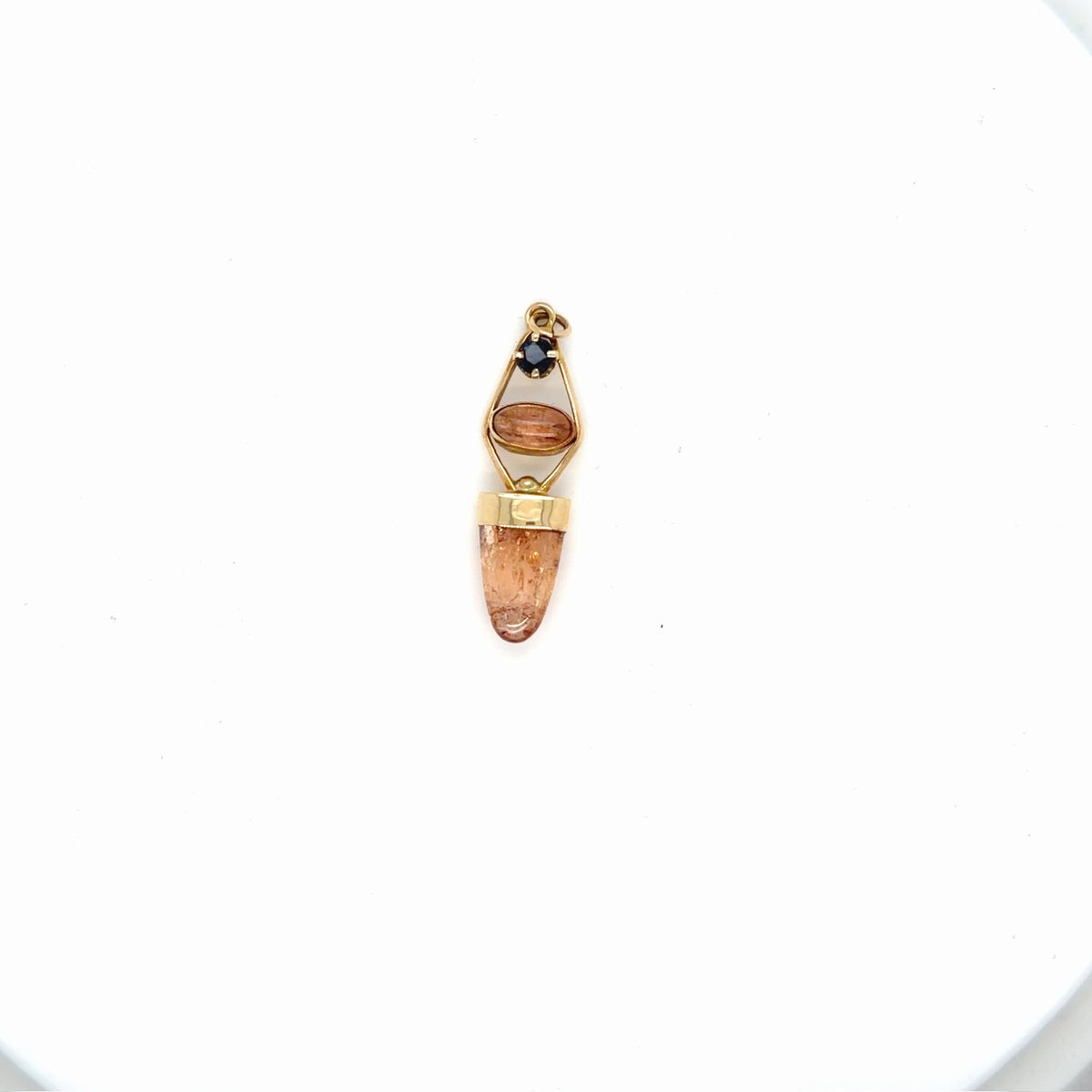 14K Yellow Gold Natural Amber & Blue Sapphire Pendant 3.13g (view 2)