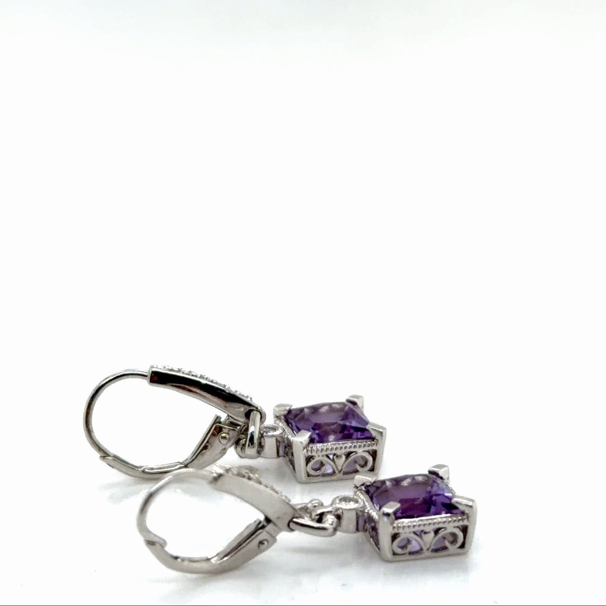 14K White Gold Amethyst Cushion & Diamond Drop Earrings, 3.00g (view 3)