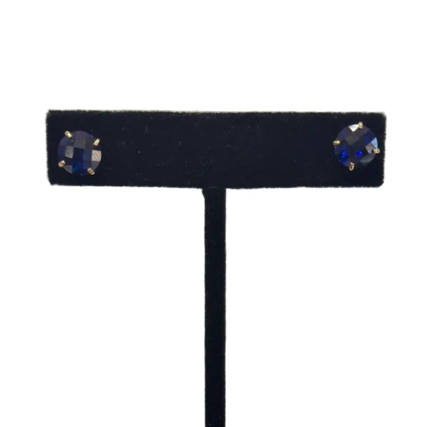 Blue Synthetic Sapphire Stud Earrings 10K Yellow Gold Round 1.6g (view 4)