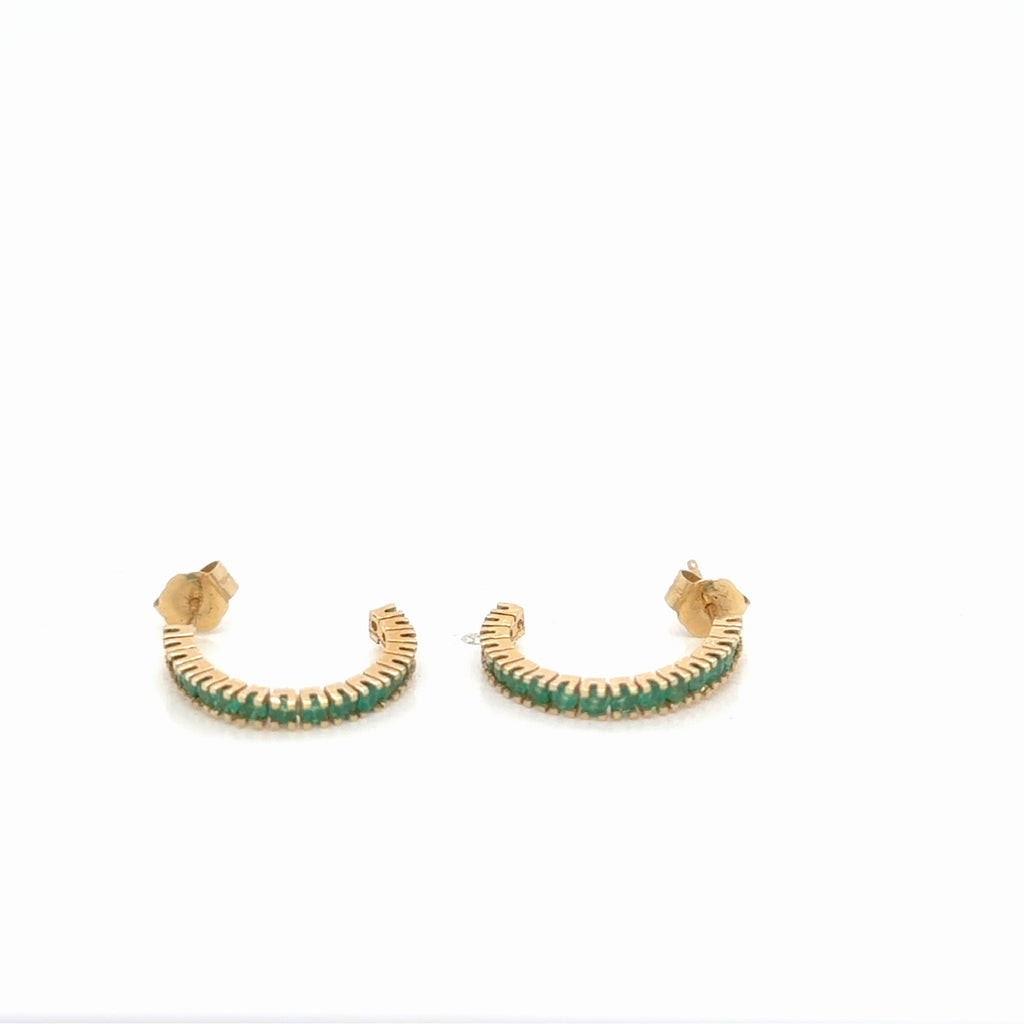14K Yellow Gold Natural Emerald Hoop Earrings 0.95 Ctw Round Stones (view 4)