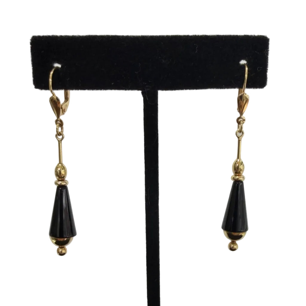 14K Yellow Gold Black Onyx Cone Drop Dangle Earrings Lever Back (view 1)