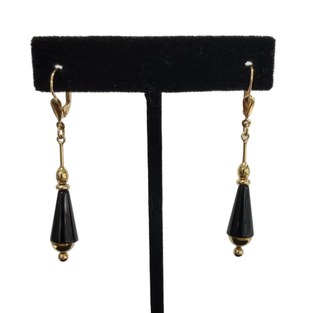 14K Yellow Gold Black Onyx Cone Drop Dangle Earrings Lever Back (view 1)