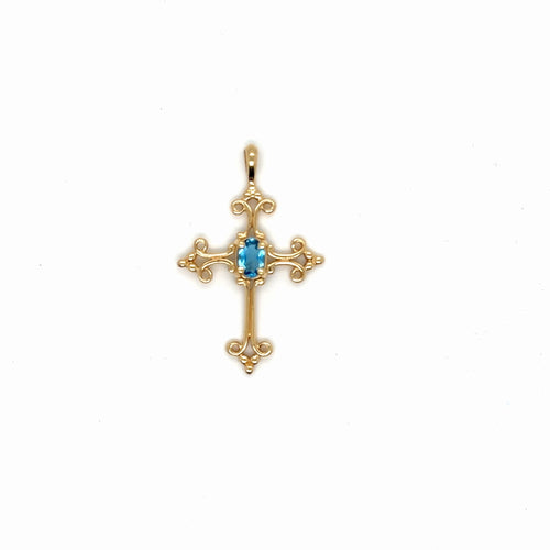 14K Yellow Gold Blue Topaz Oval Cross Pendant Filigree Scrollwork (view 3)
