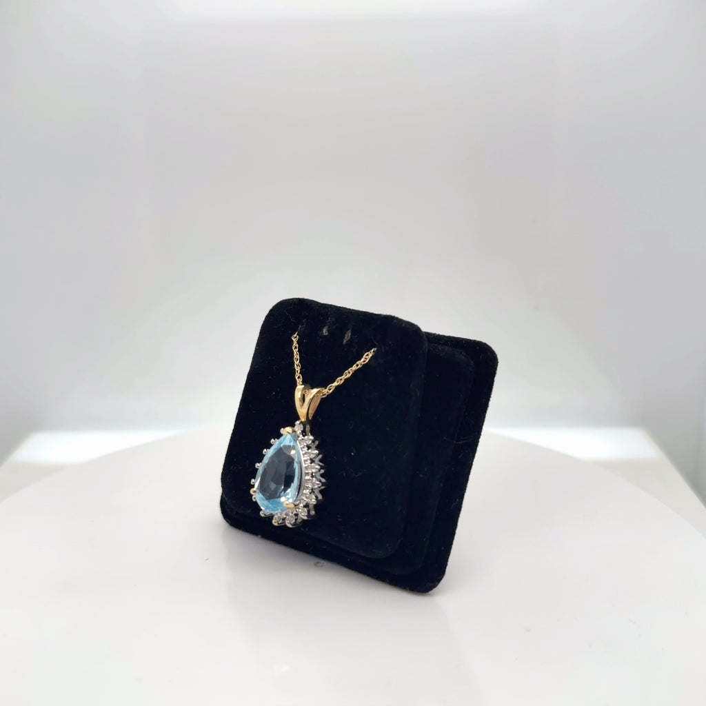 14K Yellow Gold Blue Topaz Pear & Diamond Halo Pendant Necklace 16 In (view 2)