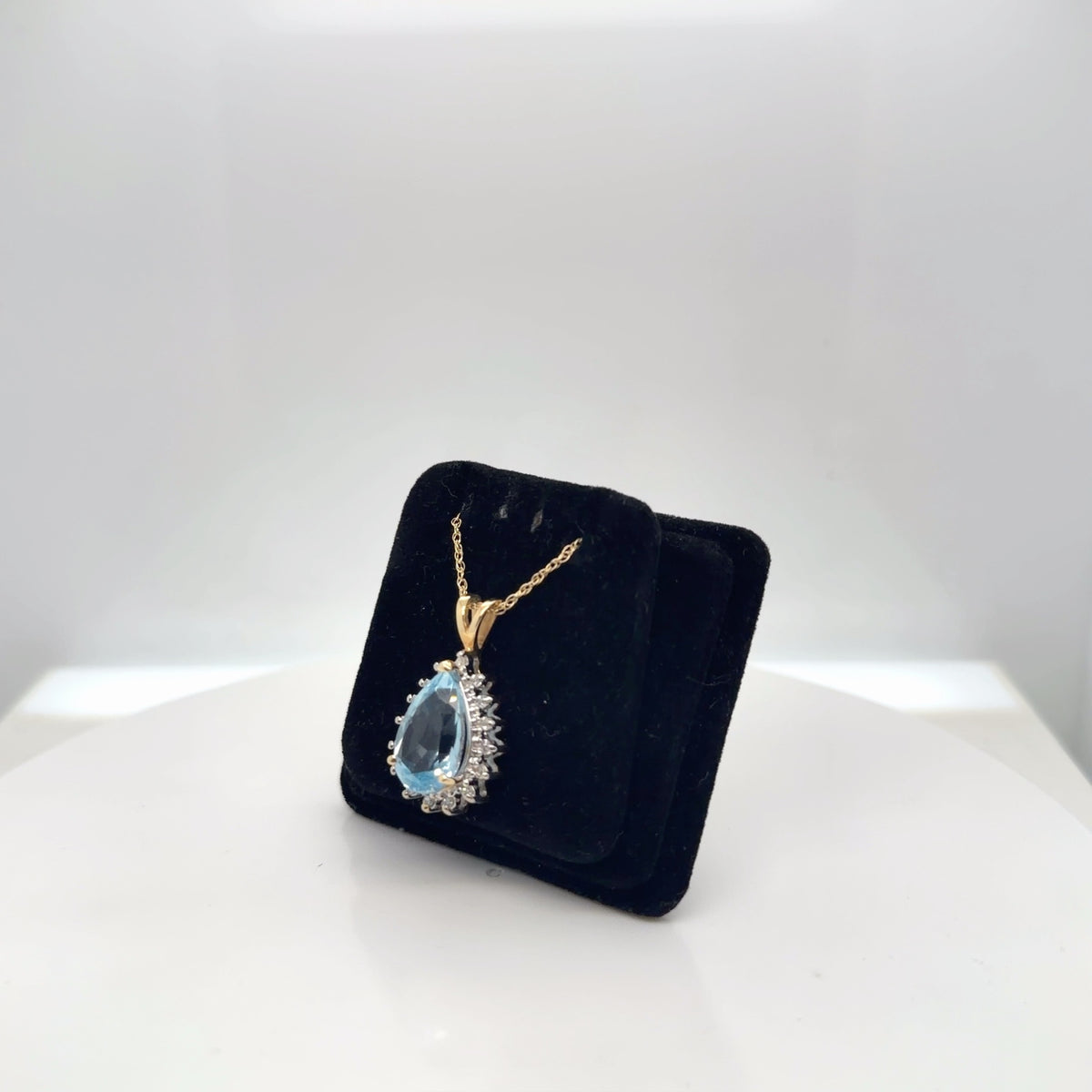 14K Yellow Gold Blue Topaz Pear & Diamond Halo Pendant Necklace 16 In (view 2)