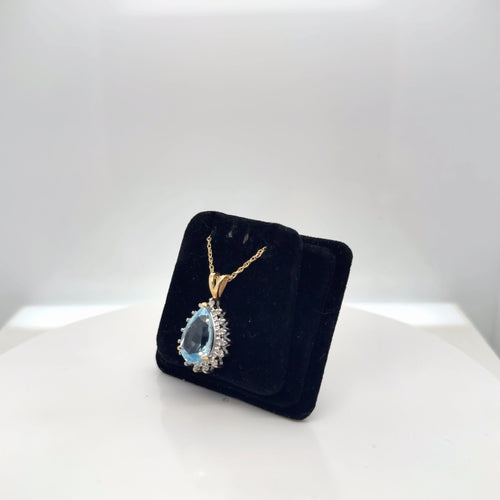 14K Yellow Gold Blue Topaz Pear & Diamond Halo Pendant Necklace 16 In (view 2)