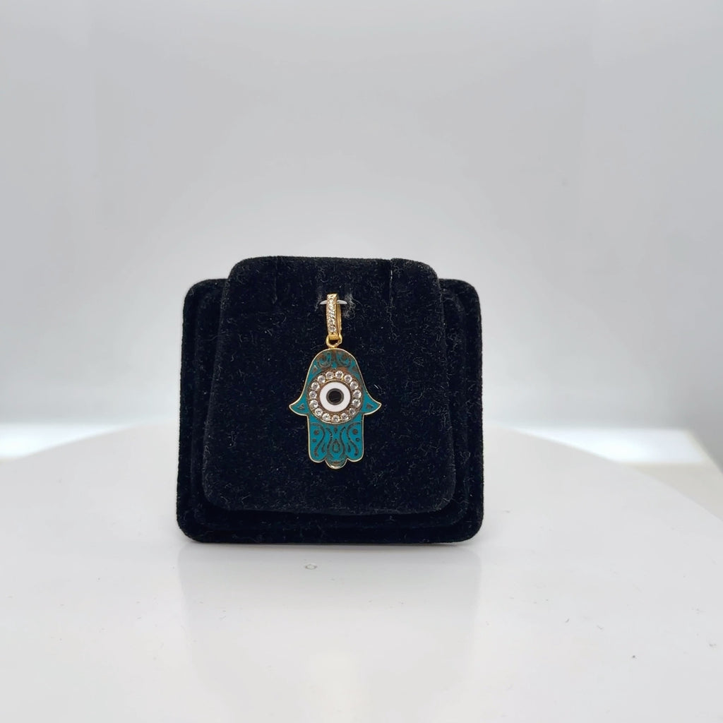 21K Yellow Gold Hamsa Evil Eye Enamel Pendant, Teal Enamel & CZ Accents (view 3)