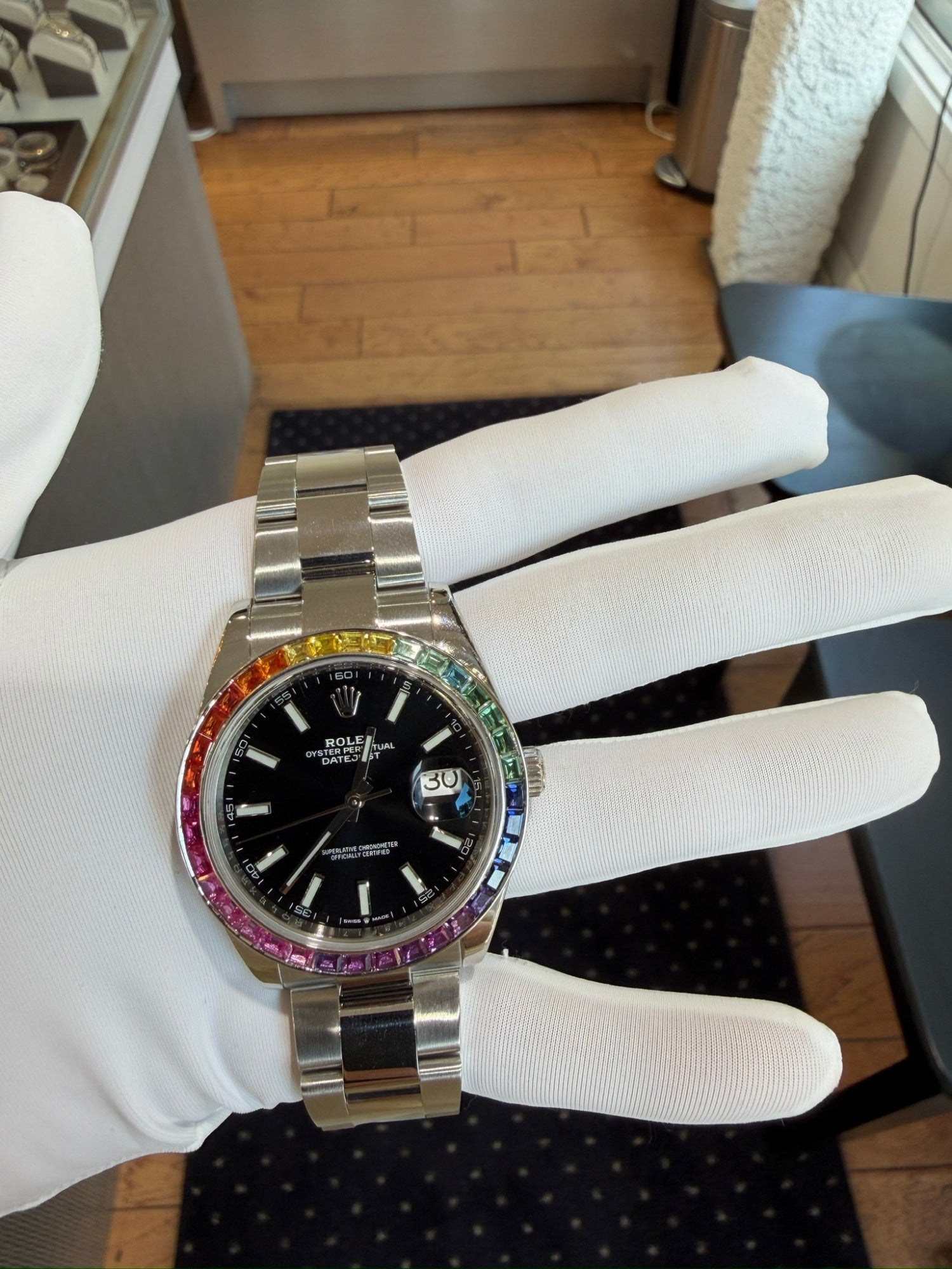 Rolex Datejust 41 Stainless Steel Black Dial Rainbow Bezel Ref 126300 (view 12)