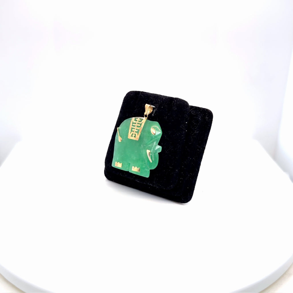 Green Jade Elephant Pendant 14K Yellow Gold Lucky Charm, 5.15g