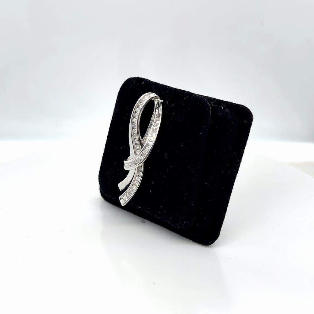 10K White Gold Diamond Pendant 0.50 ctw Round Baguette Ribbon Swirl