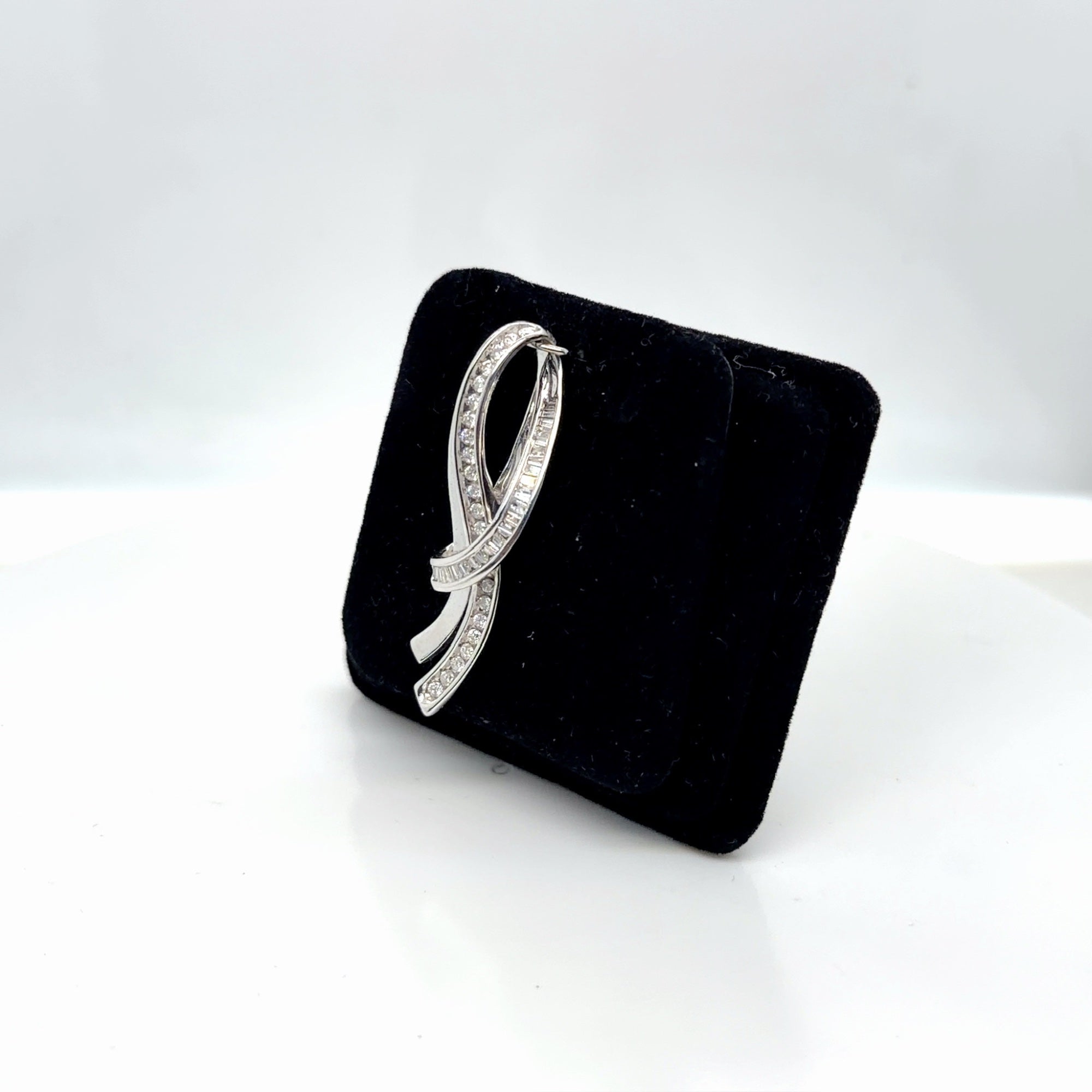 10K White Gold Diamond Pendant 0.50 ctw Round Baguette Ribbon Swirl