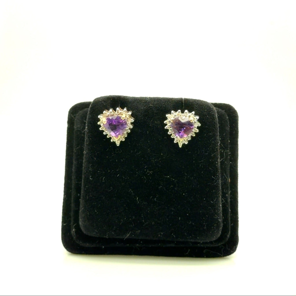14k Two-Tone Gold Heart Amethyst Diamond Halo Stud Earrings (view 1)