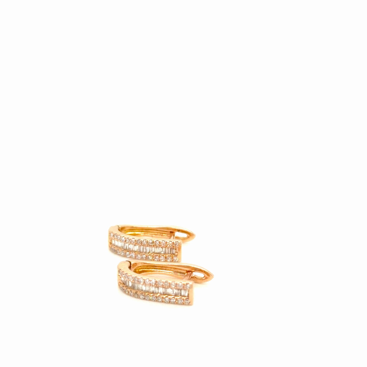 14K Rose Gold Diamond Huggie Hoop Earrings Baguette & Pave 0.50 ctw (view 3)