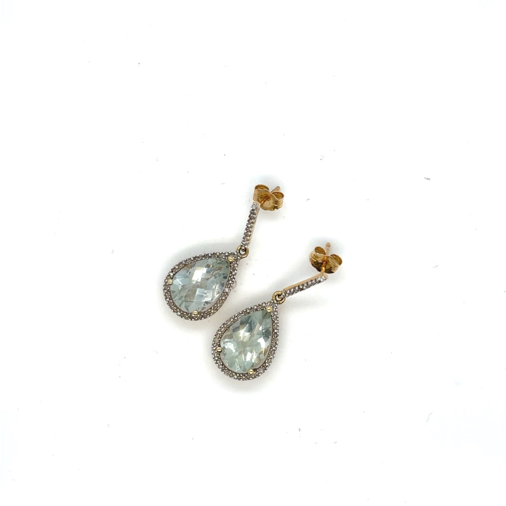 10K Yellow Gold Prasiolite Pear & Diamond Halo Drop Earrings