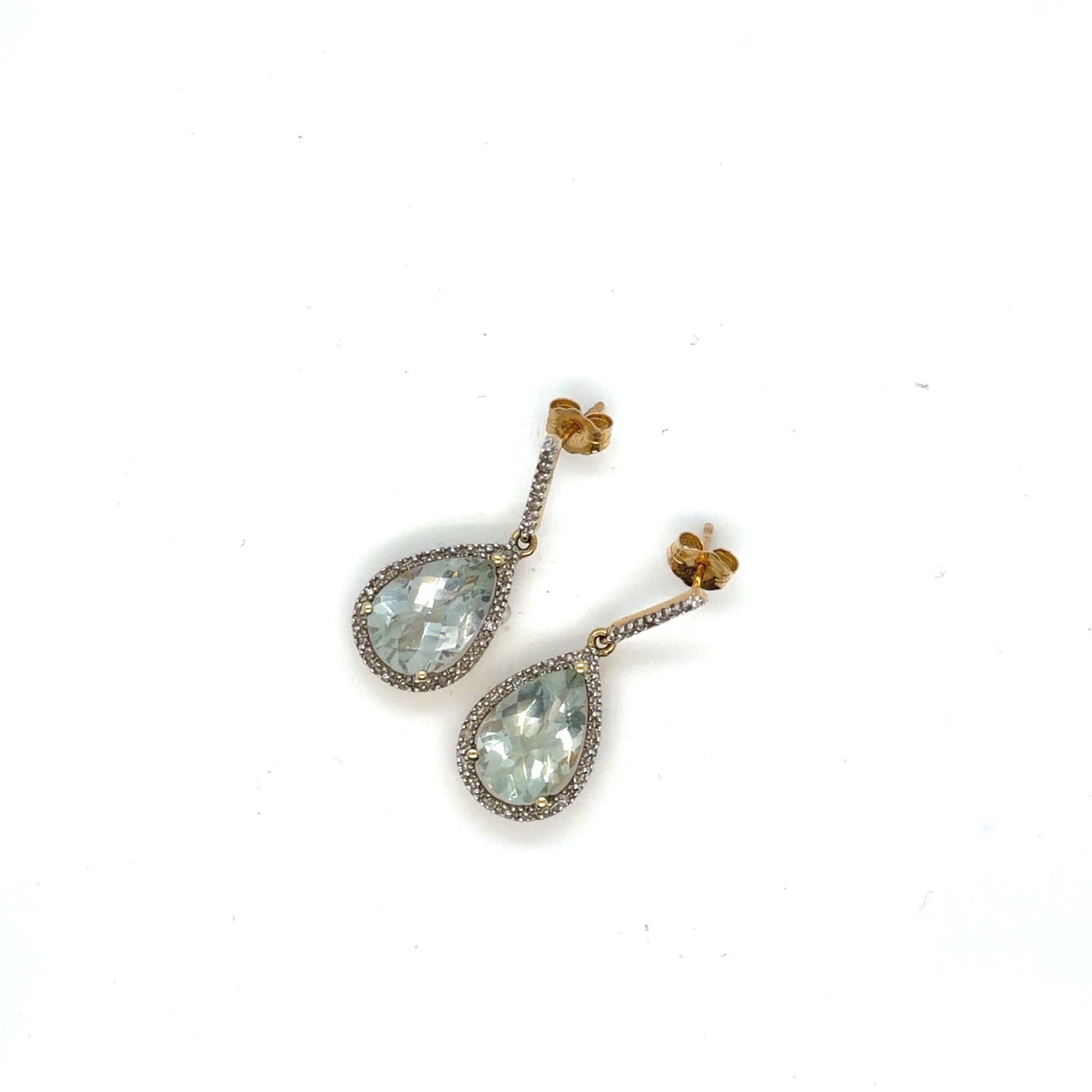 10K Yellow Gold Prasiolite Pear & Diamond Halo Drop Earrings