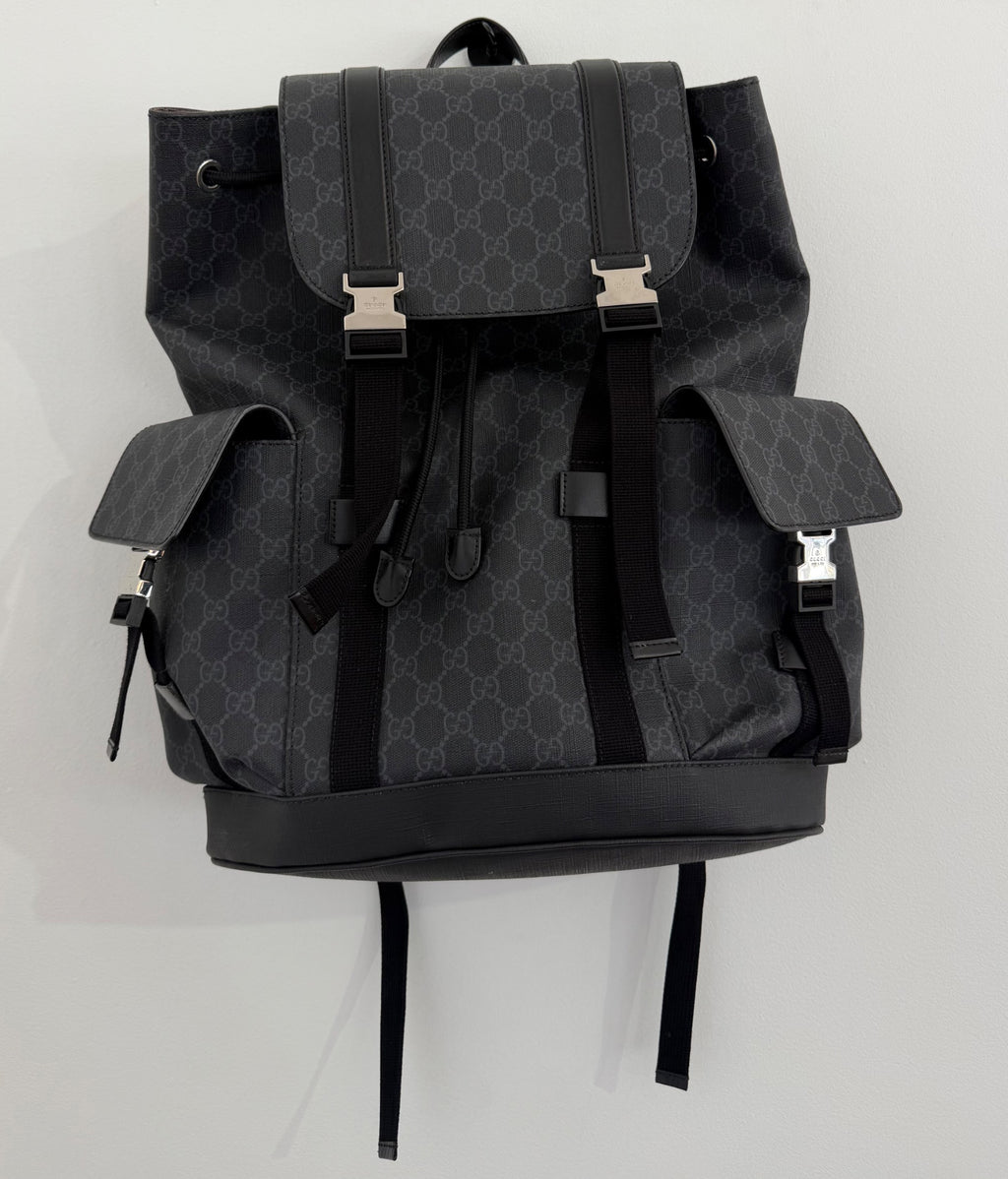 Gucci GG Supreme Large Backpack Black Canvas Silver Hardware Web Straps