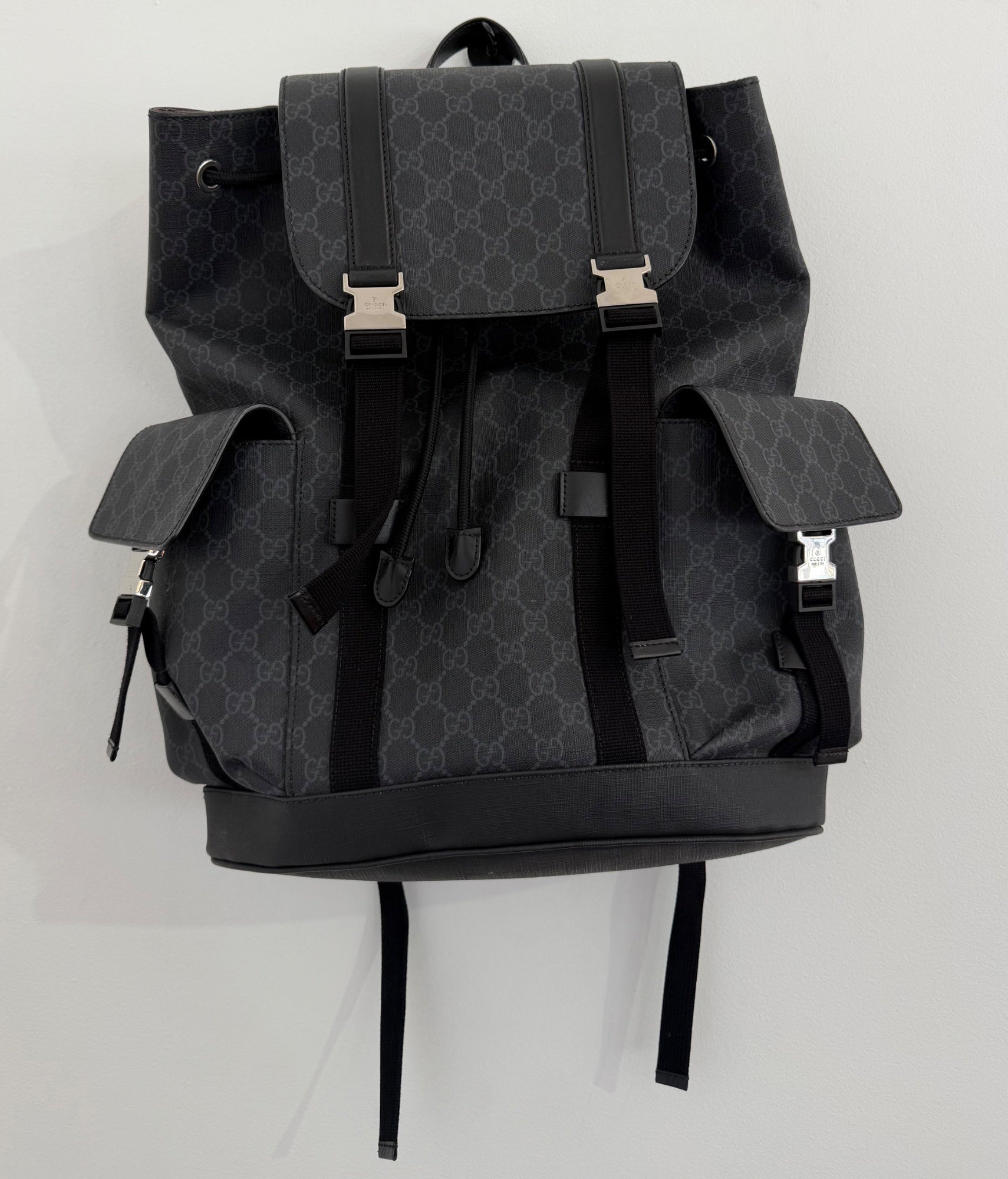 Gucci GG Supreme Large Backpack Black Canvas Silver Hardware Web Straps