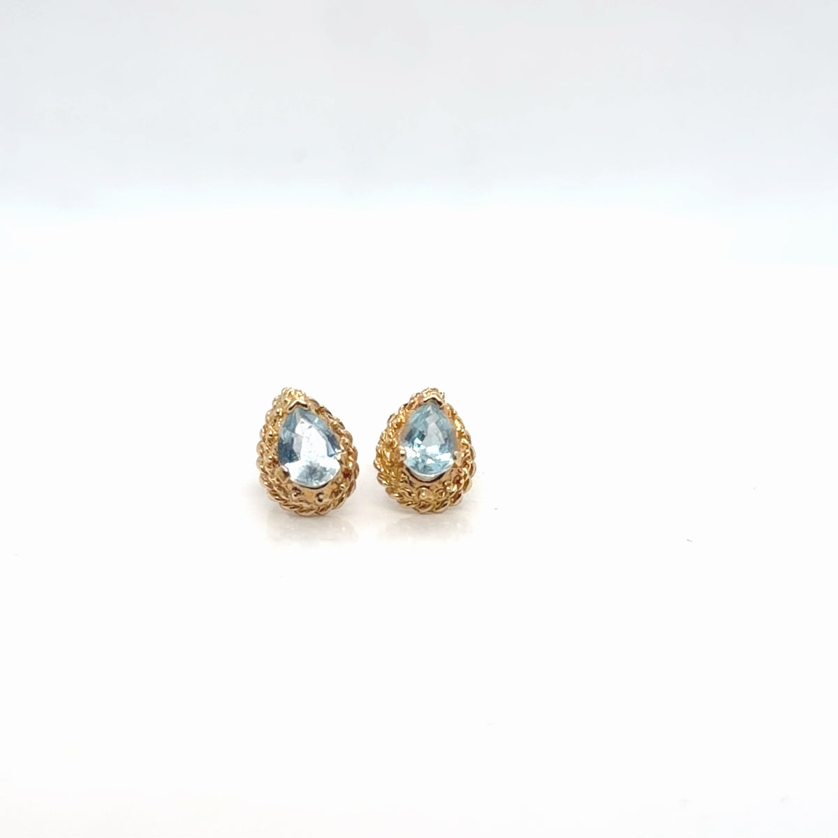 14K Yellow Gold Blue Topaz Pear Stud Earrings Rope Halo Frame (view 2)