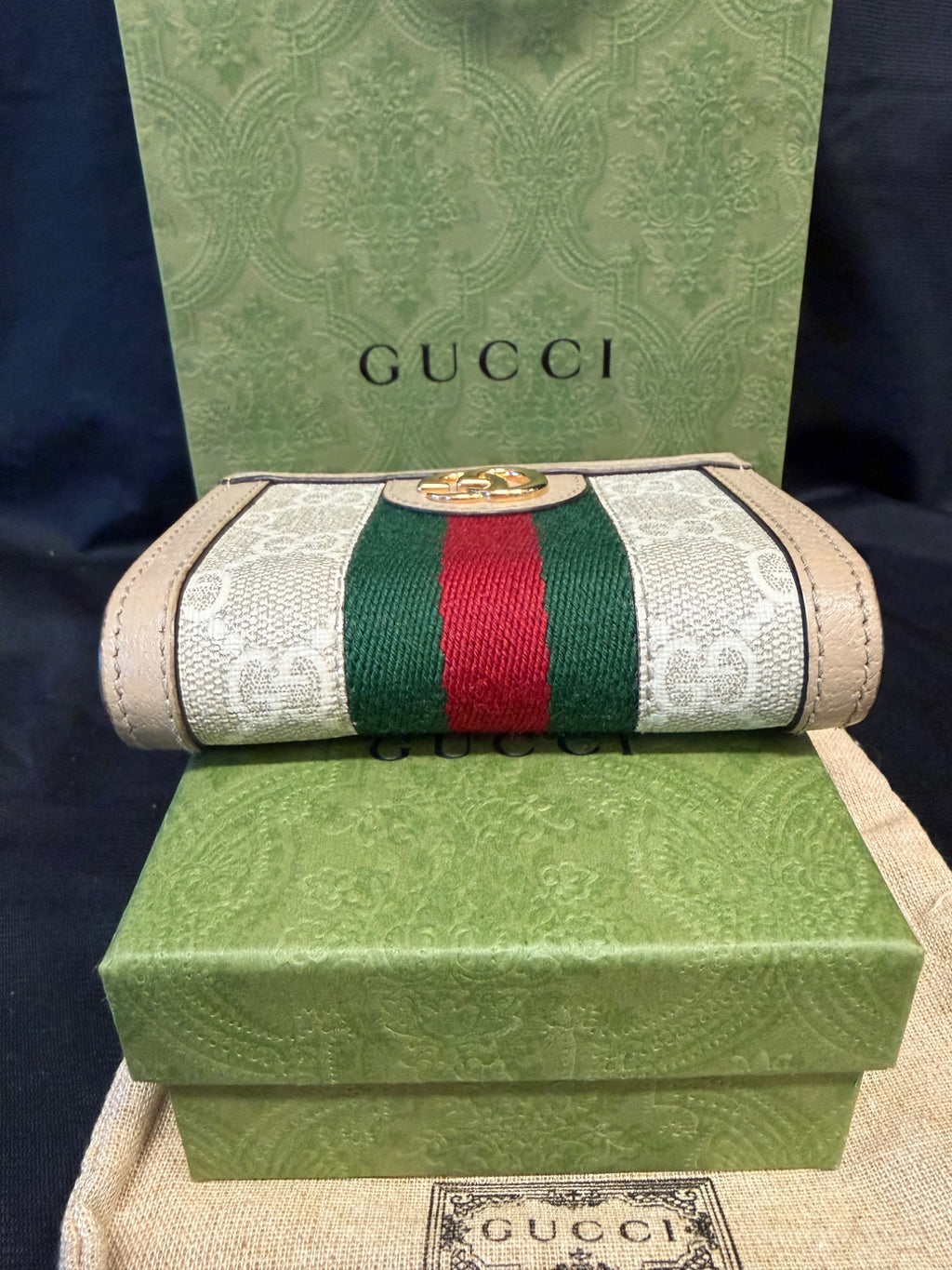 Gucci Ophidia GG Supreme Card Case Wallet, Beige Web, With Box (view 4)
