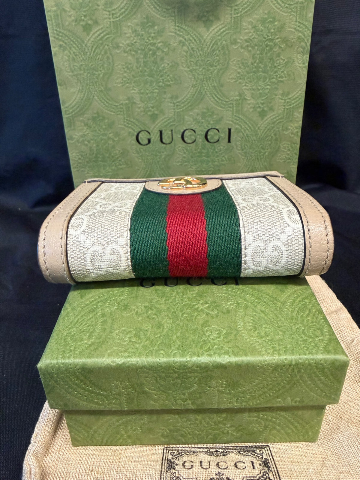 Gucci Ophidia GG Supreme Card Case Wallet, Beige Web, With Box (view 4)