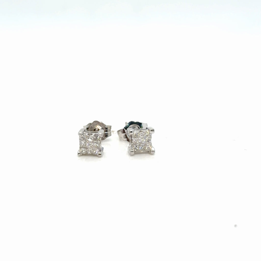 14K White Gold Diamond Stud Earrings Princess Cut Invisible Set 0.20 ctw (view 3)