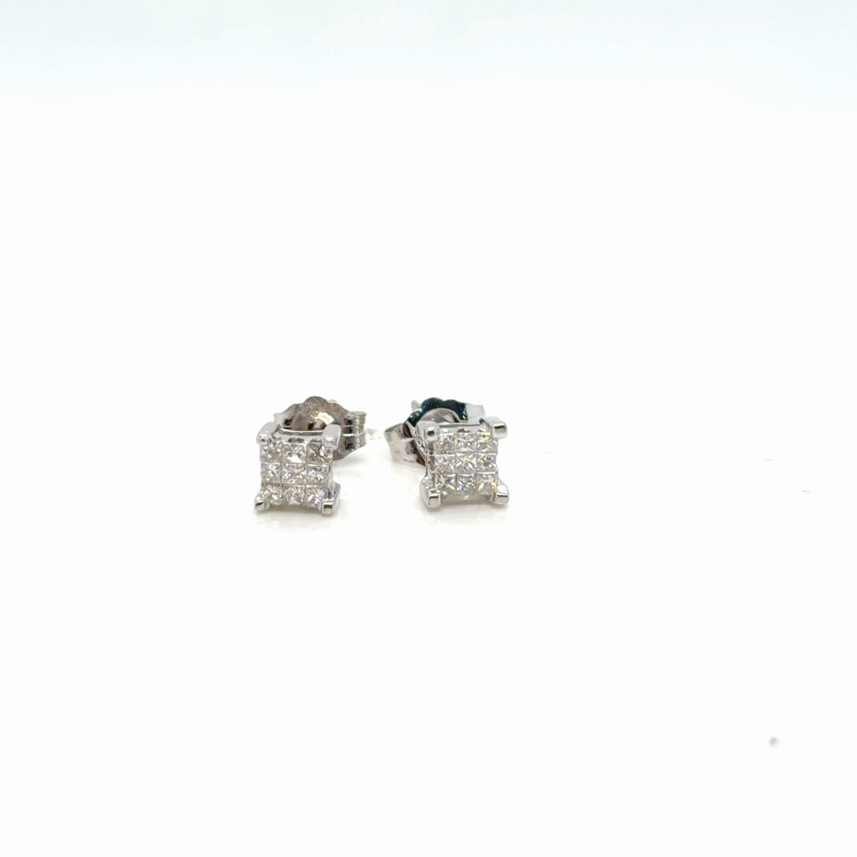 14K White Gold Diamond Stud Earrings Princess Cut Invisible Set 0.20 ctw (view 3)