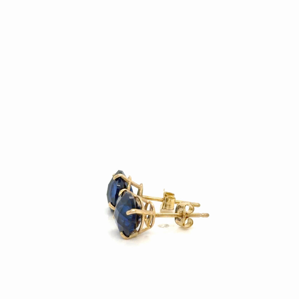 Blue Synthetic Sapphire Stud Earrings 10K Yellow Gold Round 1.6g (view 3)