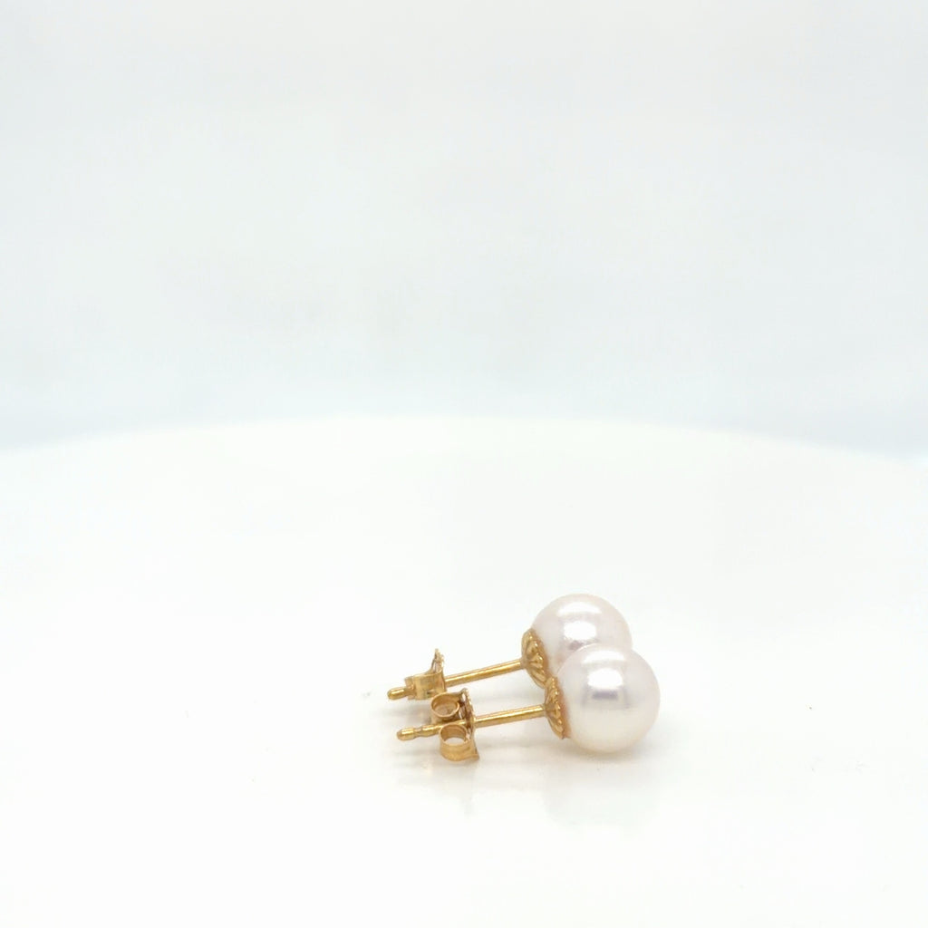 14K Yellow Gold Natural Akoya Pearl Stud Earrings, Round Cultured Pearls (view 3)