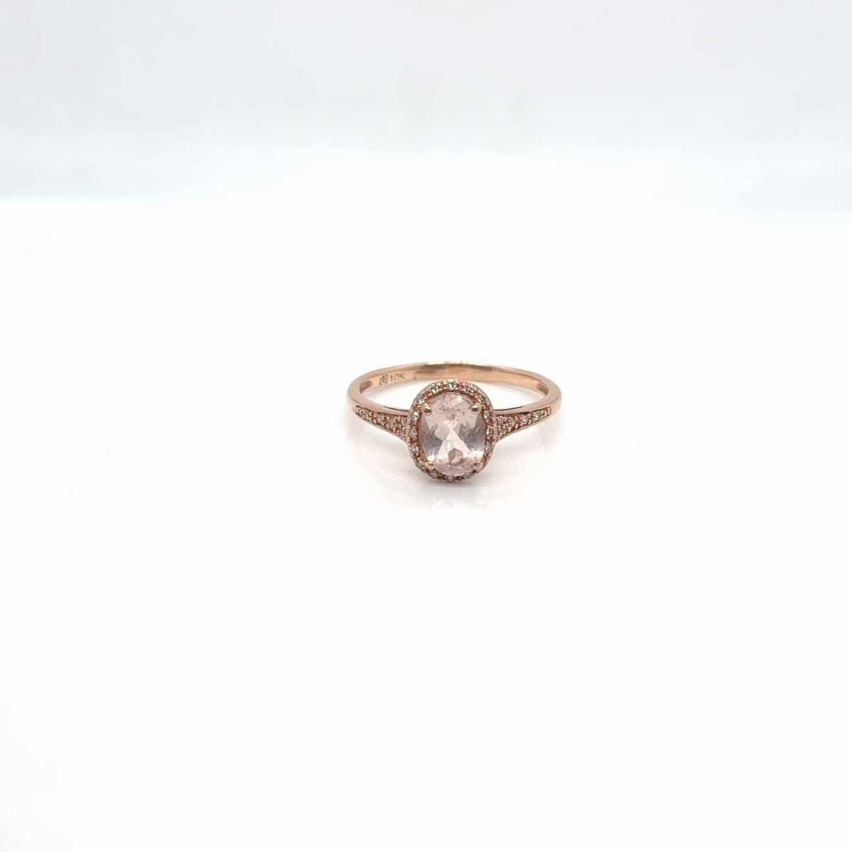 10K Rose Gold Morganite Oval Halo Diamond Ring, Size 8.5