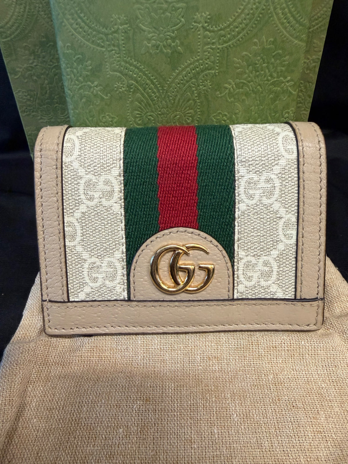 Gucci Ophidia GG Supreme Card Case Wallet, Beige Web, With Box (view 2)
