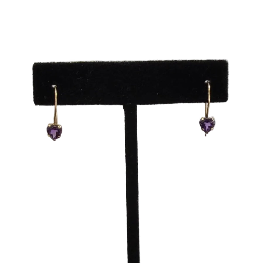 14K Yellow Gold Heart Amethyst Drop Earrings, Wire Back (view 1)