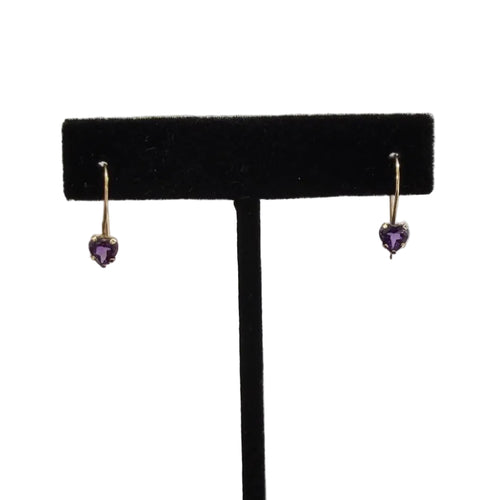 14K Yellow Gold Heart Amethyst Drop Earrings, Wire Back (view 1)