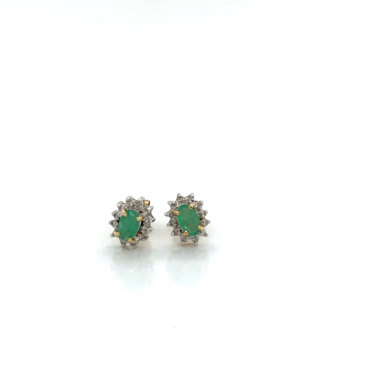 Emerald & Diamond Halo Stud Earrings Two-Tone 14K Gold, Oval Emerald (view 1)