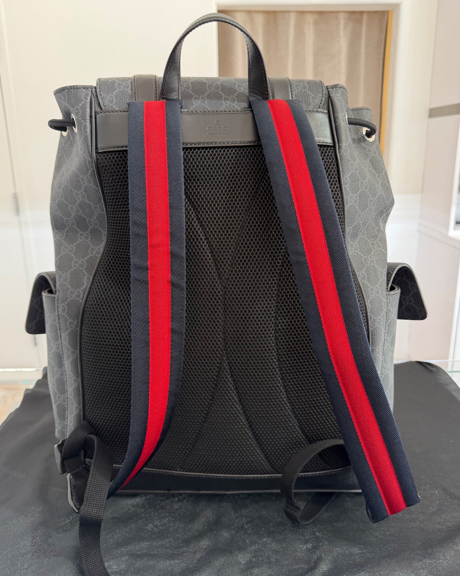 Gucci GG Supreme Large Backpack Black Canvas Silver Hardware Web Straps