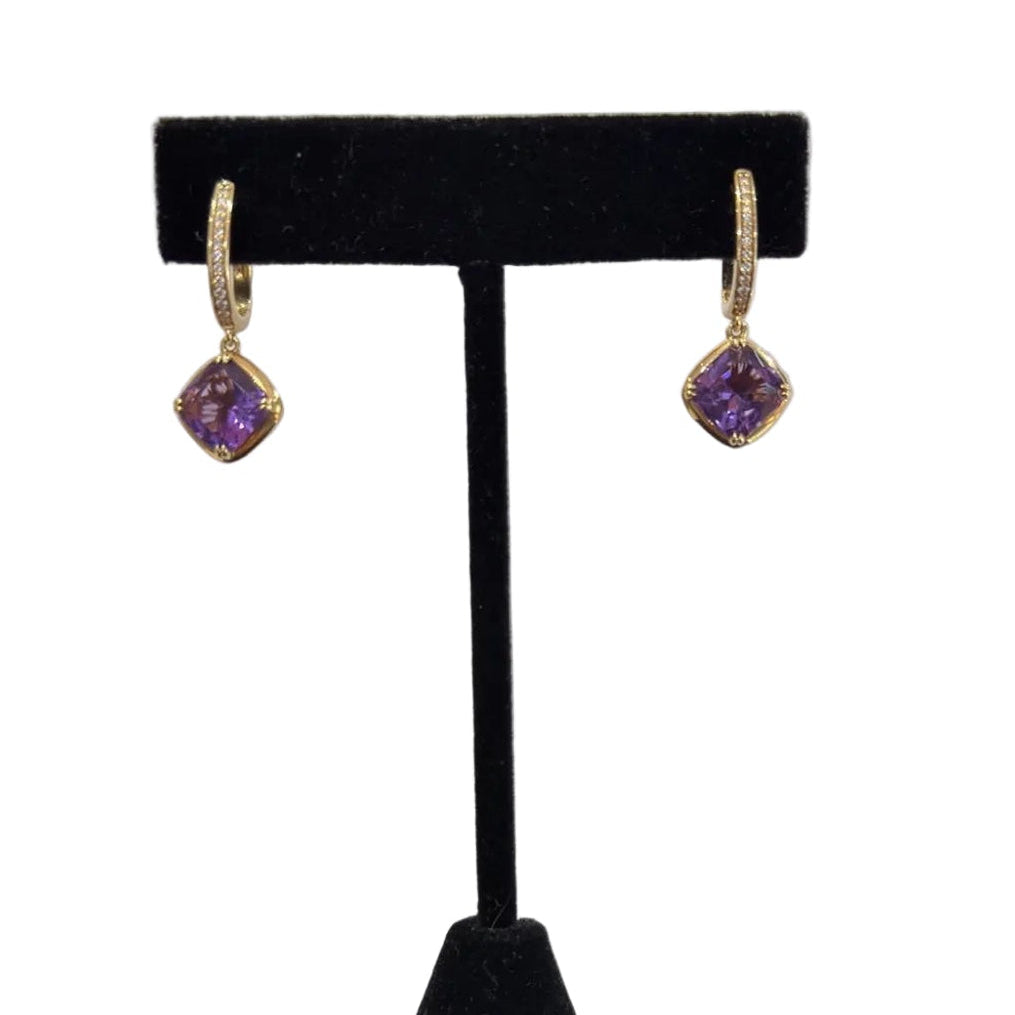 14K Yellow Gold Cushion Amethyst Diamond Drop Earrings 5.98g (view 1)